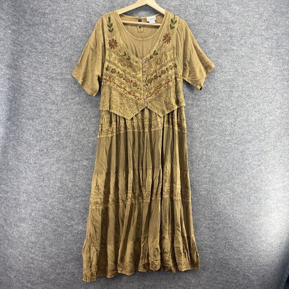 NAHIDI Dress Women Free Size Brown Floral Maxi Long V-Neck Short Sleeve Button
